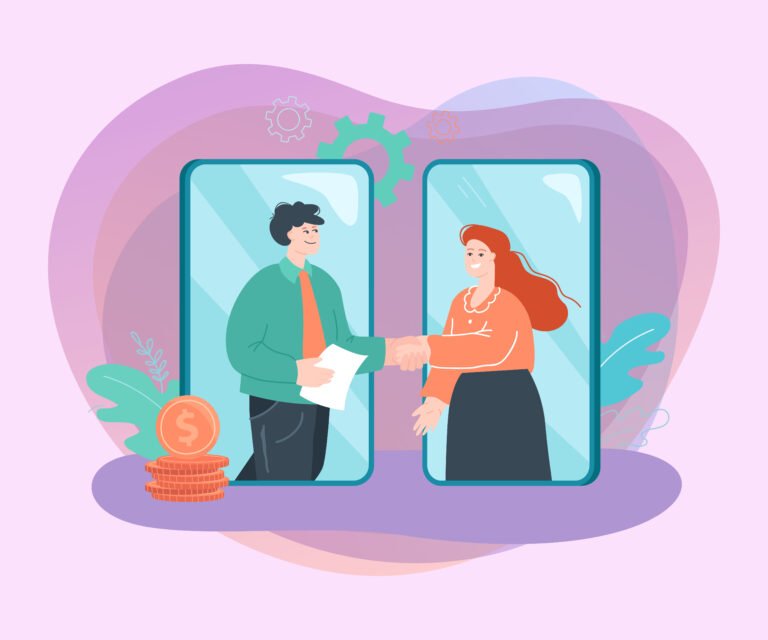 Business people on phone screens shaking hands